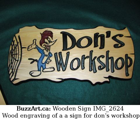 Wood engraving of a a sign for don's workshop